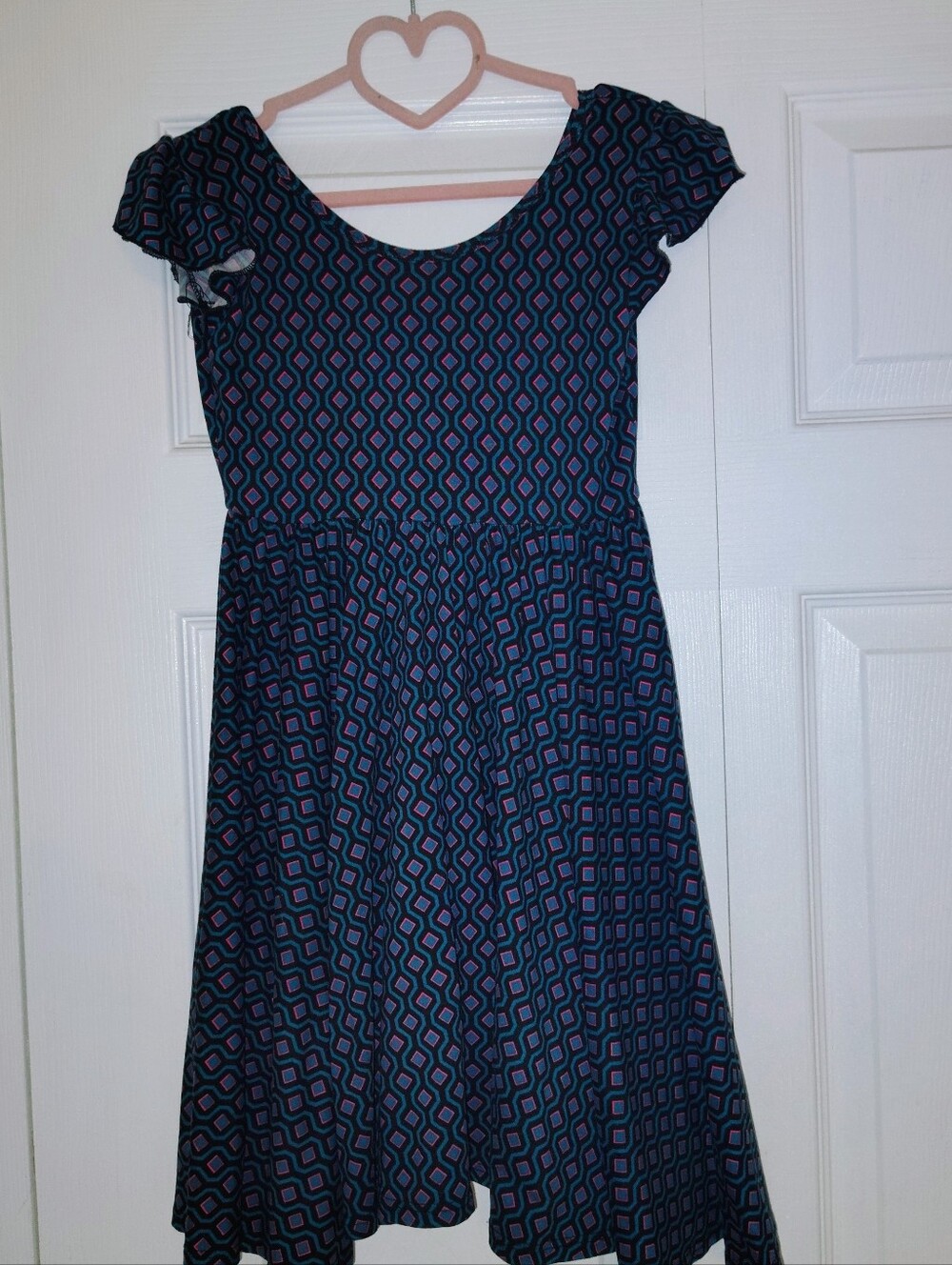 Girls Navy Blue And Hot Pink Patterned Short-Sleeve Dress